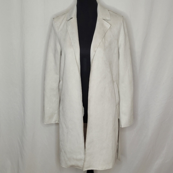Tahari Faux Leather Open Front Roll-Tab Sleeve Long Blazer/Coat in Bone - Sz XS - Picture 1 of 11